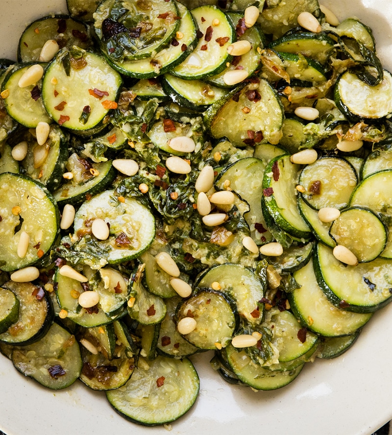 finished sauteéd zucchini with pine nuts and red pepper flakes