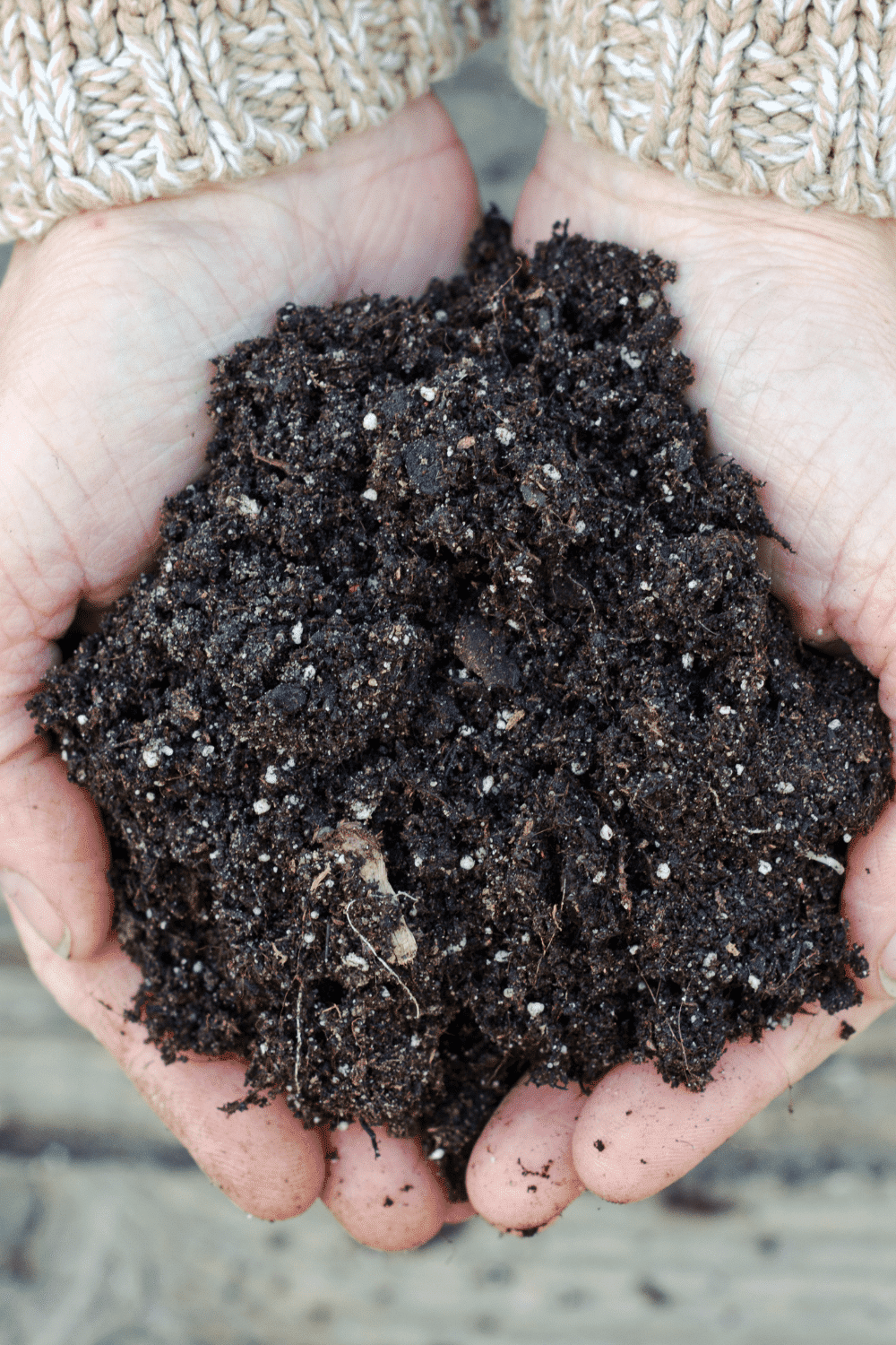 hands holding soil with perlite in it