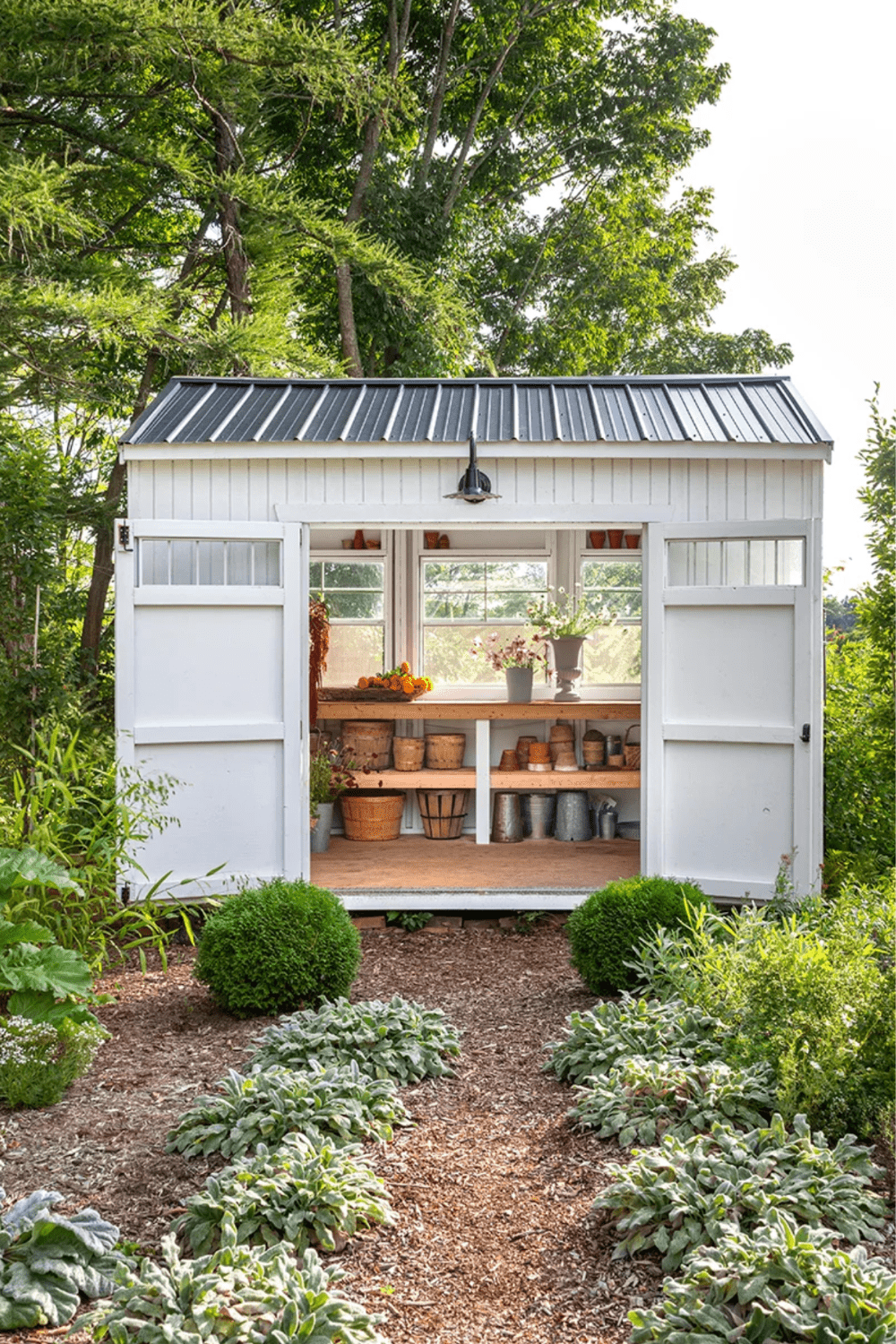 white garden shed with open doors